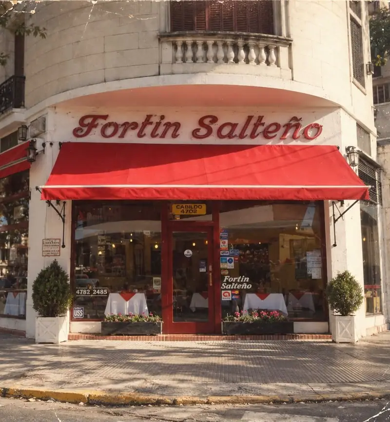 Frente de Fortín Salteño en la esquina de Av. Cabildo 4702, con su toldo rojo y el salón con mesas de mantel blanco