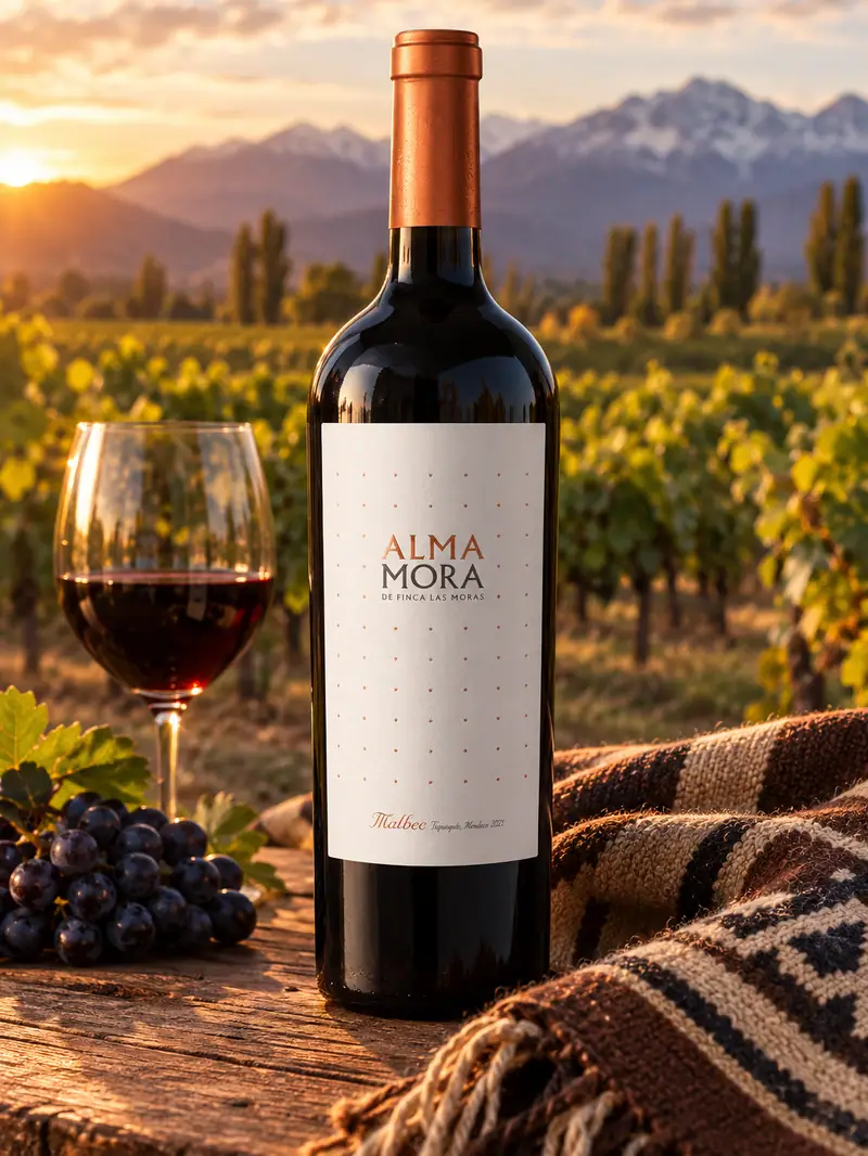 Botella de Alma Mora Malbec frente a viñedos y montañas al atardecer