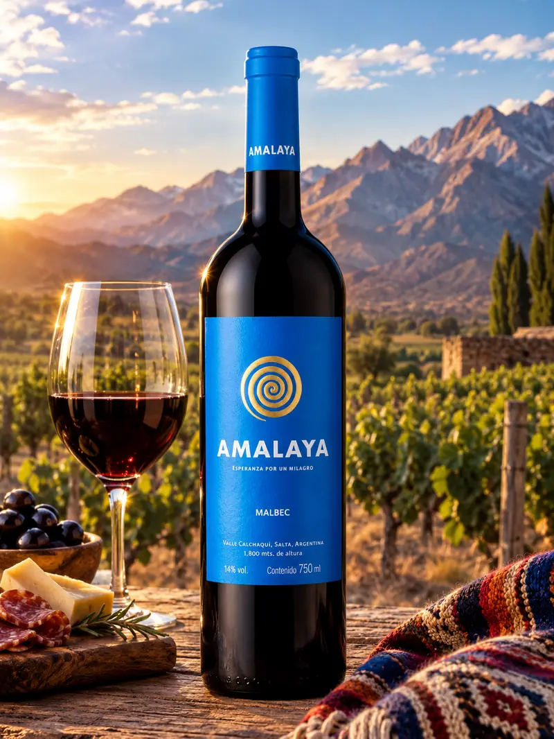Botella de Amalaya Malbec frente a viñedos del Valle Calchaquí