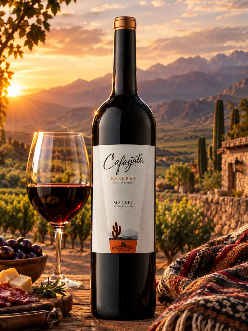 Botella de Cafayate Reserve Malbec frente a viñedos de Cafayate
