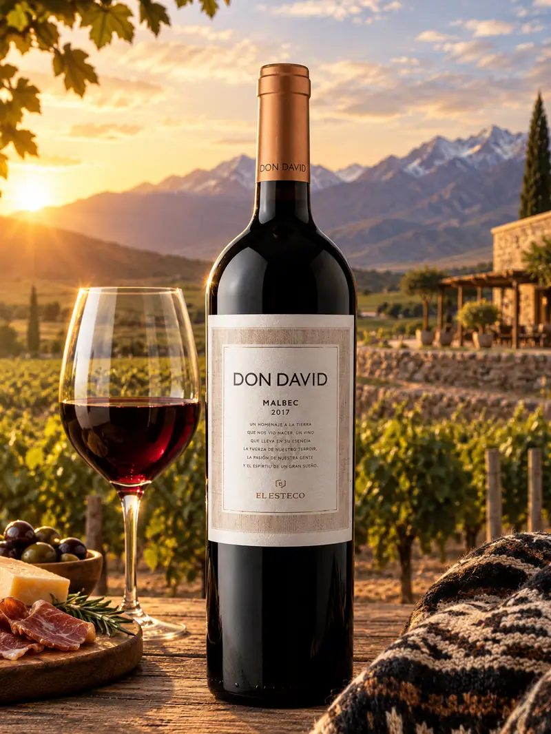 Botella de Don David Malbec de El Esteco frente a viñedos al atardecer