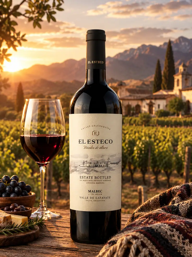 Botella de El Esteco Malbec frente a viñedos del Valle de Cafayate