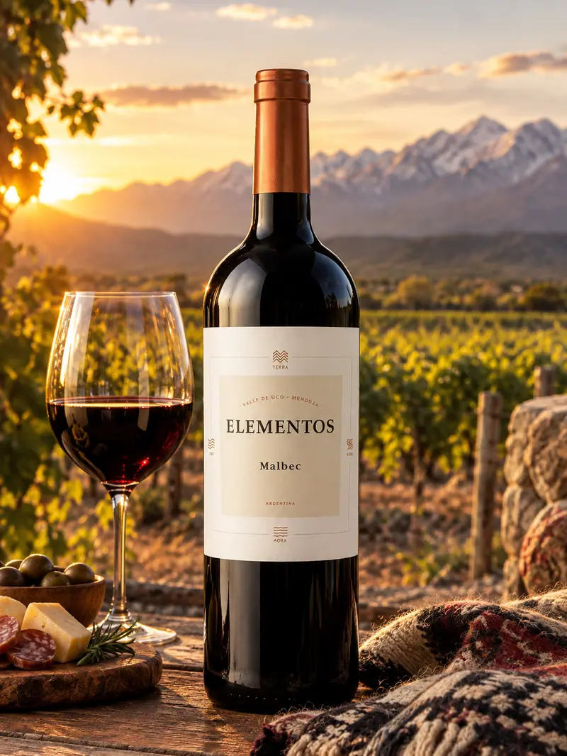 Botella de Elementos Malbec frente a viñedos y montañas nevadas