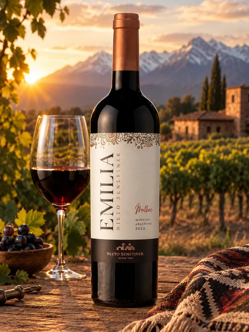 Botella de Emilia Malbec de Nieto Senetiner frente a viñedos al atardecer