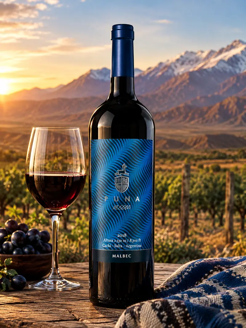Botella de Puna Malbec, de Cachi, Salta, frente a viñedos y montañas