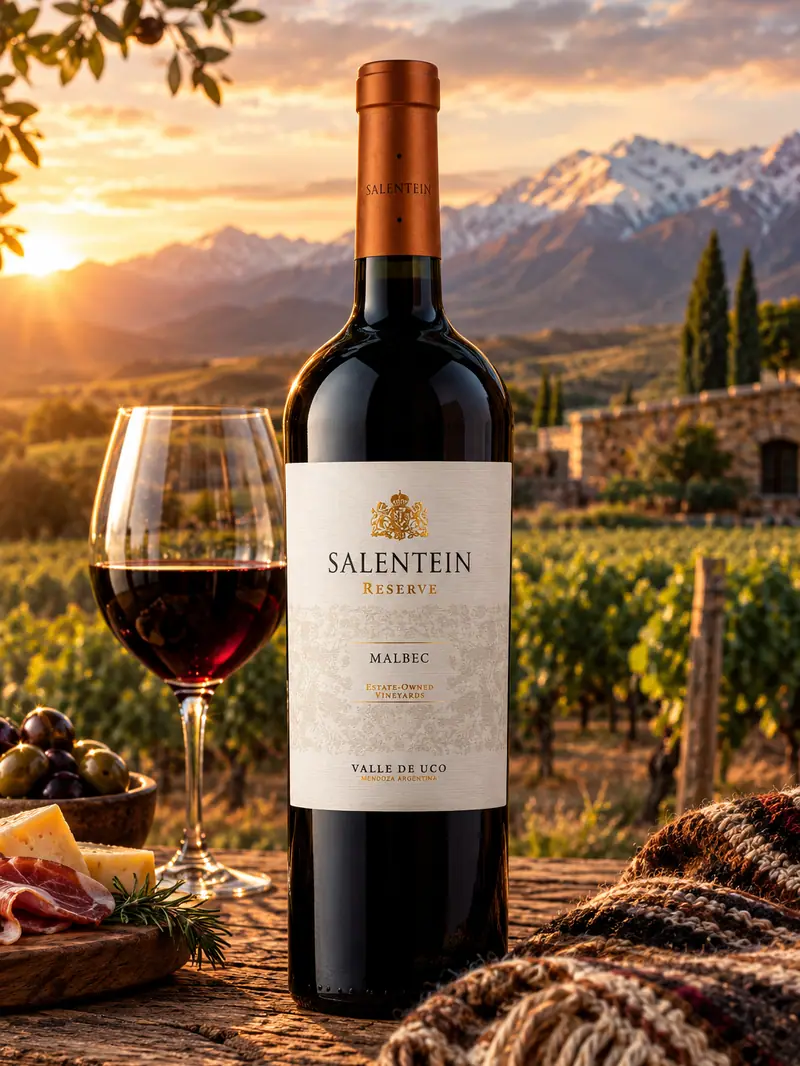 Botella de Salentein Reserve Malbec frente a viñedos y montañas nevadas